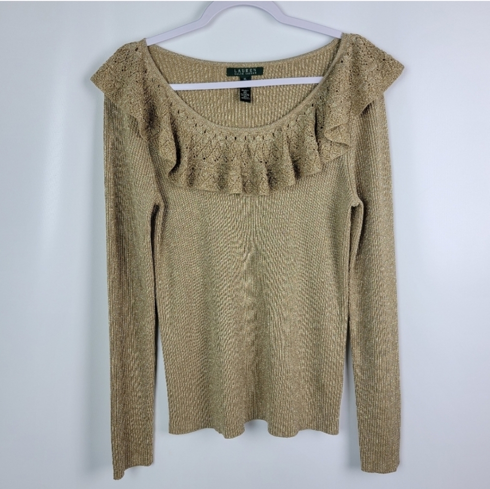 Lauren Ralph Lauren Silk Gold Metalic Ruffle Top Sz XL